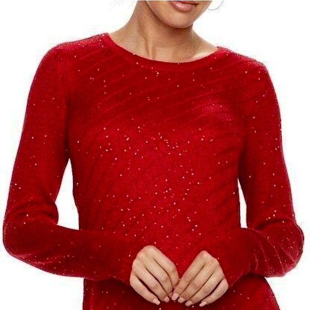 Red sequin Asymmetric hem knit sweater